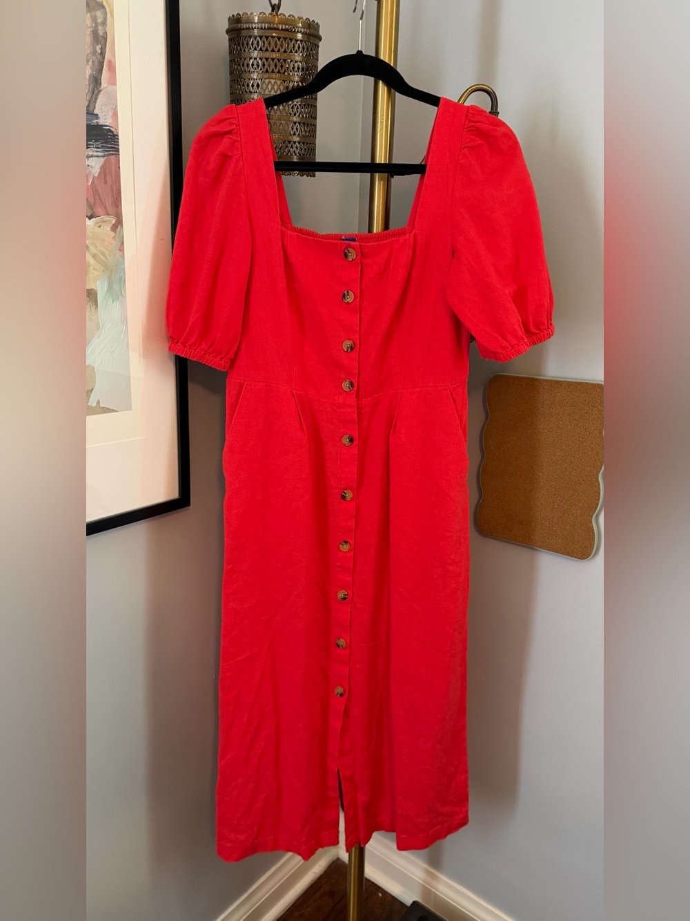Old Navy Bright Red Midi Dress with Puff Sleeves